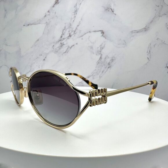 New MIU MIU Sunglasses Gold Metal Slim Frame Oval 100% Authentic Italy Gray Lens - Picture 6 of 16